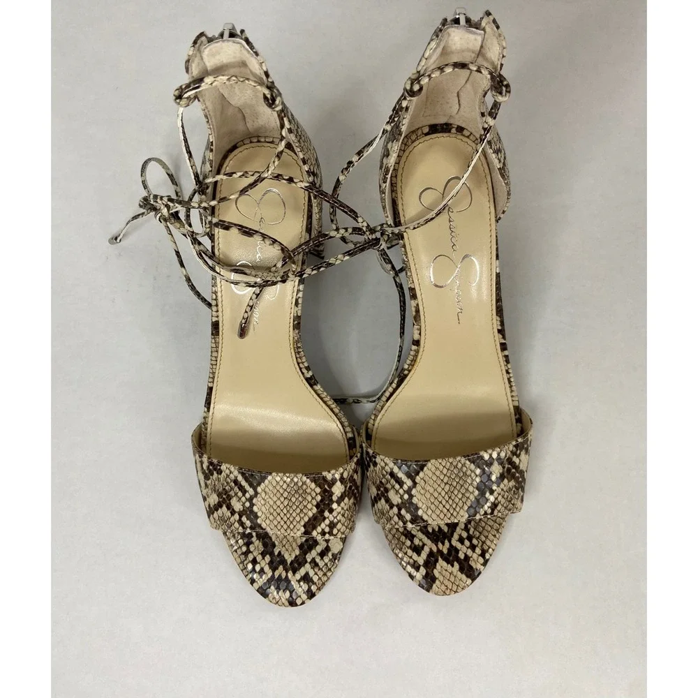 Jessica‎ Simpson Snakeskin Lace Up Block Heel Sandals Brown Tan 8M
